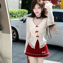 纯欲风显高瘦蝴蝶结蕾丝衫上衣+高腰显瘦半身裙套装