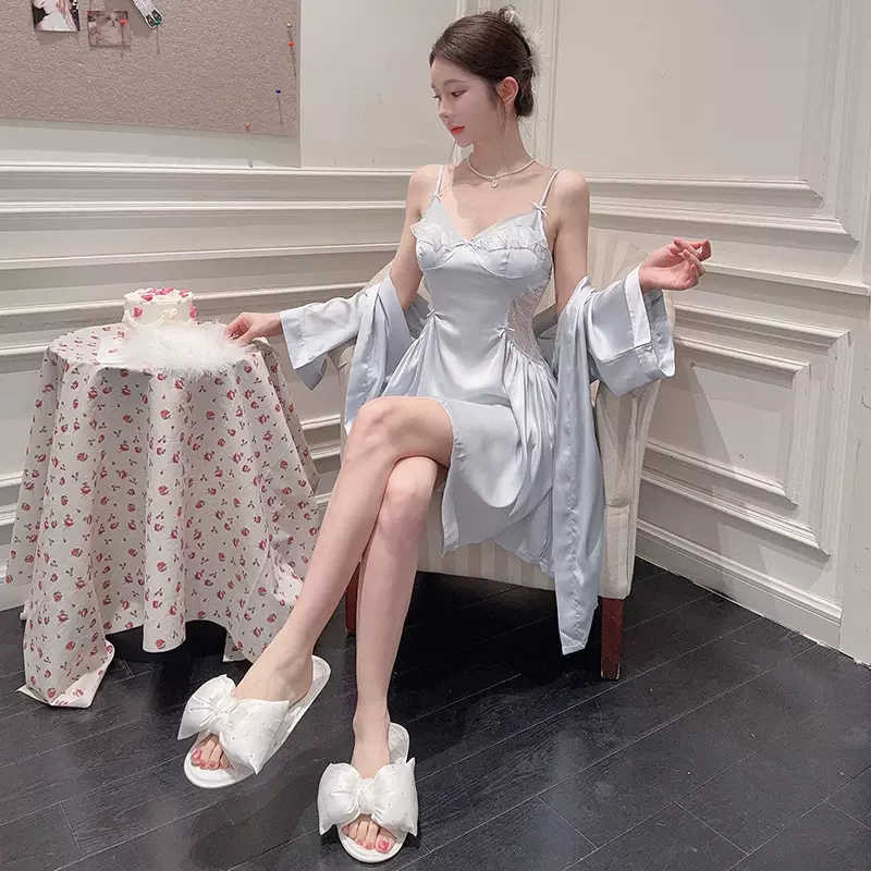 性感睡衣女v字领带胸垫两件套睡衣 网红吊带露背睡裙睡袍家居服