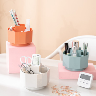 New rotating pen holder plastic office stationery storage container desktop storage pen holder hexagonal makeup brush storage container