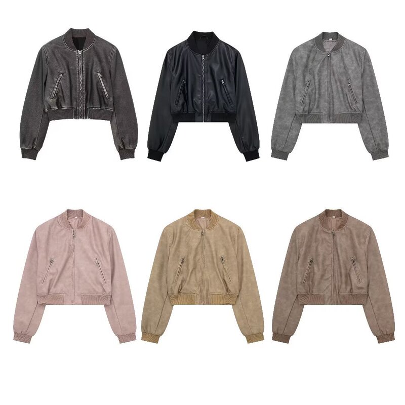 2023 American Motorcycle Imitation Leather Bomber Jacket Top Women's Spring and Autumn New European and American PU Stand Collar Short Jacket