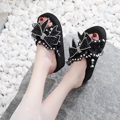 拖鞋外穿女夏INS時尚潮鞋珍珠蝴蝶結涼拖鞋防滑坡跟厚底沙灘拖