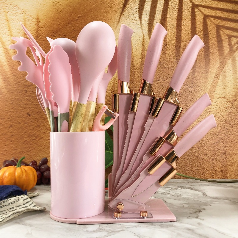现货木柄硅胶厨具20件套装玫瑰金刀架套刀烹饪不粘锅铲勺厨房刀具