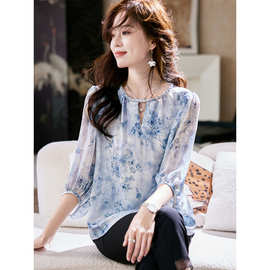 简约七分袖印花宽松雪纺衫2025夏季洋气慵懒减龄气质百搭小衫