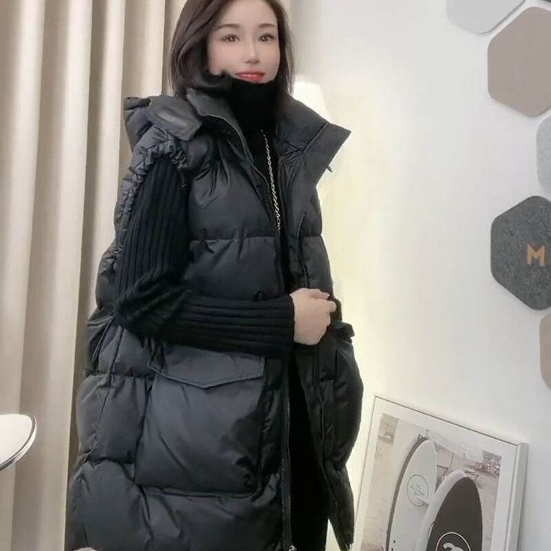 Down Cotton Vest Women's Autumn and Winter New Korean Style Loose Black Slim Vest Outer Vest Mid-Length Jacket