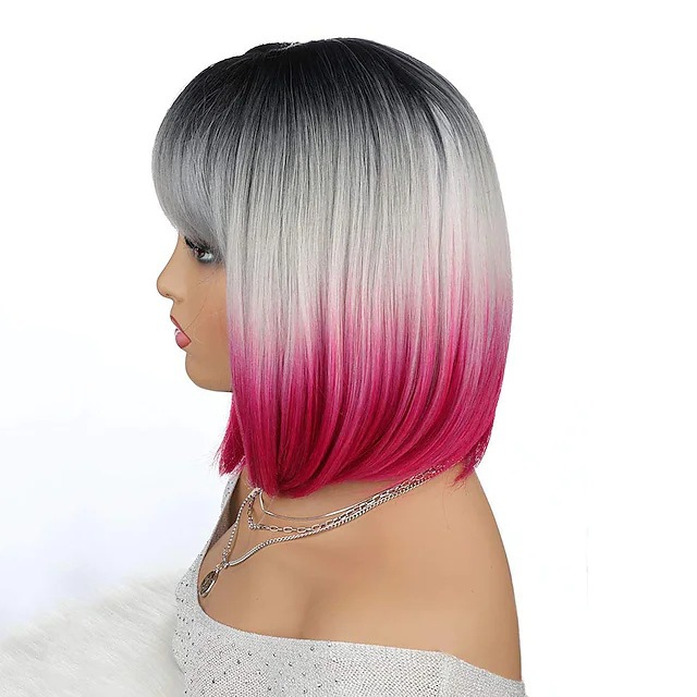 Syntetisk bobo peruk svart grå lila gradient värmebeständig_voghion.com