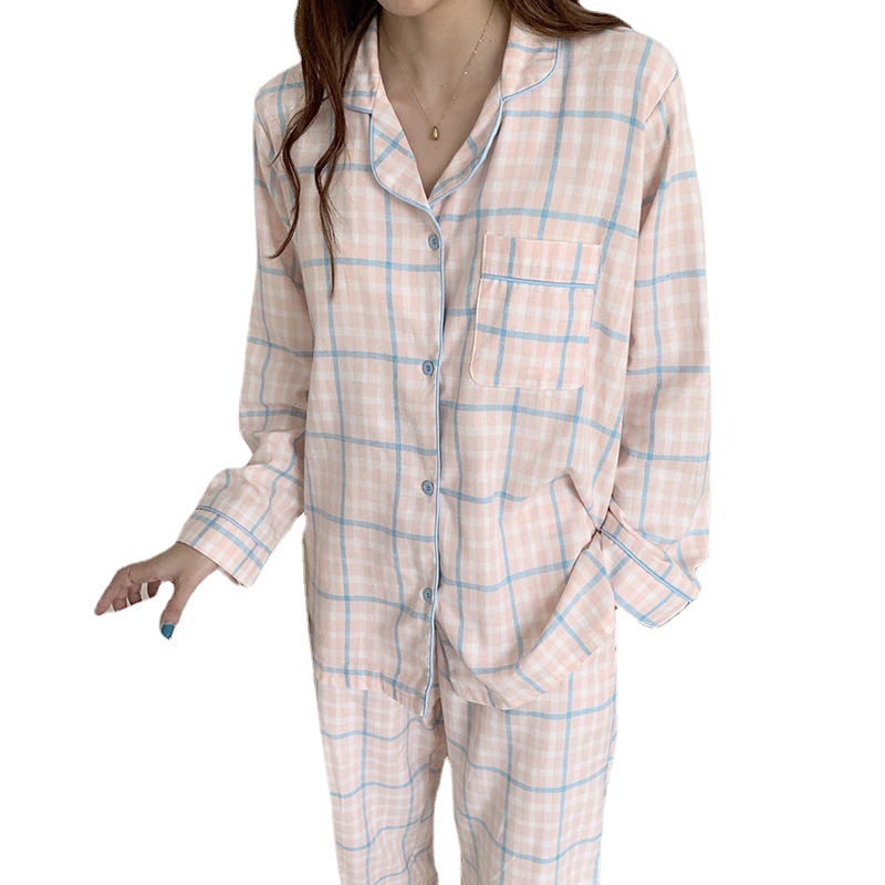 Estilo coreano pijamas de las mujeres a cuadros lindo primavera y otoño invierno cardigan solapa manga larga Comercio exterior vestir prendas exteriores homewear traje