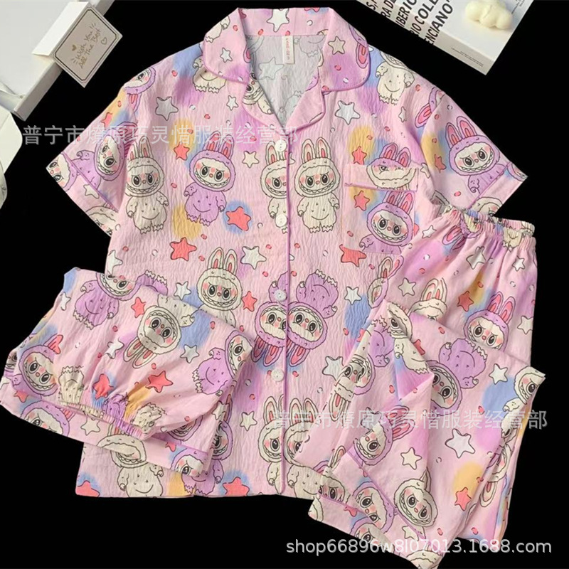 Hermosos pijamas de tela de rabu mujeres primavera y otoño verano nubes de algodón dulce mangas cortas pantalones cortos de tres piezas ropa para el hogar