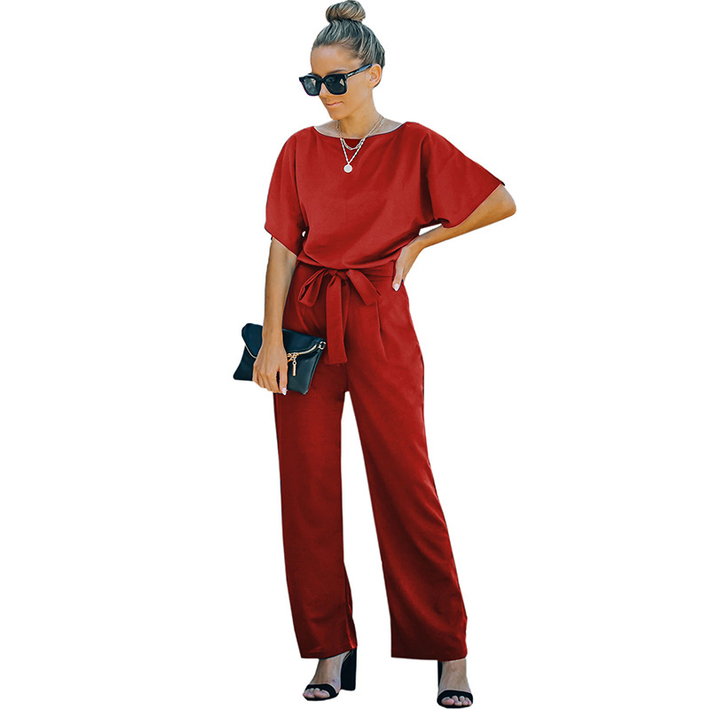Shiying mujeres europeas y americanas de color sólido mono traje verano nuevo color sólido cintura suelta adelgazamiento pierna ancha mono image 9