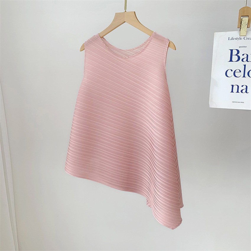 三宅流プリーツトップス レディース イレギュラーTシャツ ラウンドネック ノースリーブ ニッチ 快適 カジュアル ファッション 多用途