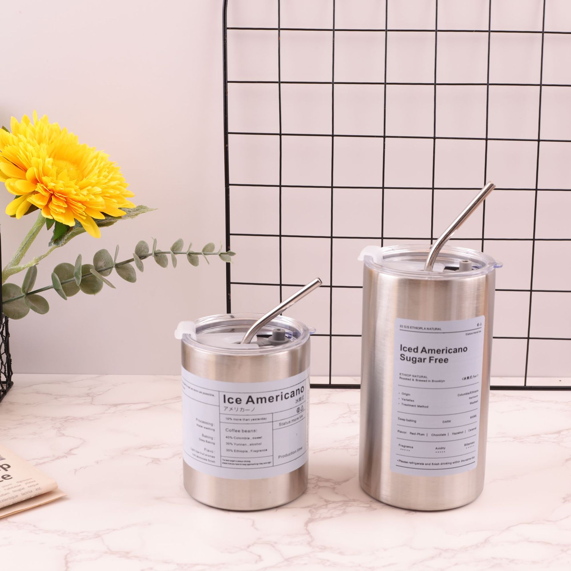 Hielo de vacío transfronterizo Taza de café americana Acero inoxidable Taza de paja con leche portátil de gran capacidad Taza de vacío portátil de coche