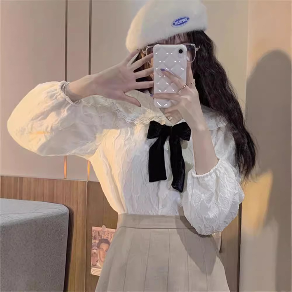 인형 칼라 셔츠 여성의 봄과 가을 2024 새로운 플러스 사이즈 통통녀 디자인 활 입고 외국 스타일 긴 소매 셔츠