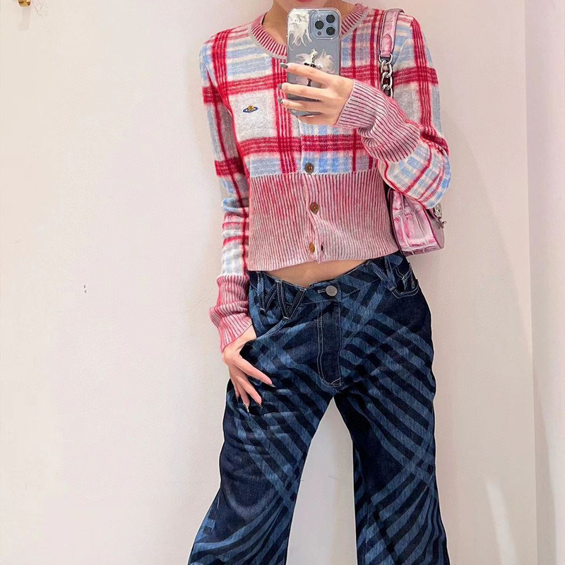 高品質の西太后風カーディガン、半袖ヴィヴィアンチェック柄ジャケット、ラウンドネックのテスラ柄セーター、レトロな雰囲気のニットウェア|undefined