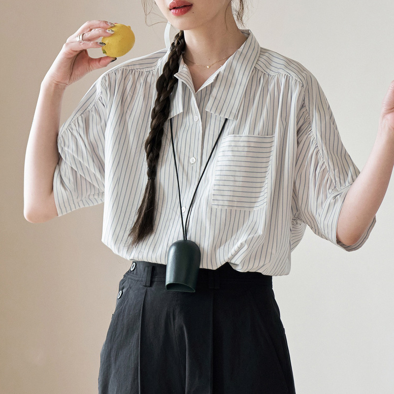 Sketch Striped Shirt for Workroom Women's Summer French Artistic Retro Puff Sleeve Design Shirt Top