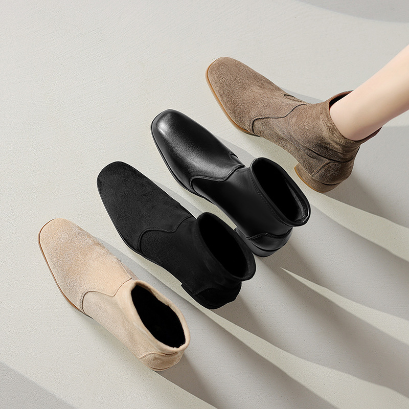 促销韩版时尚绒面弹力靴2024秋冬新款短靴女中跟方头瘦瘦靴3340码