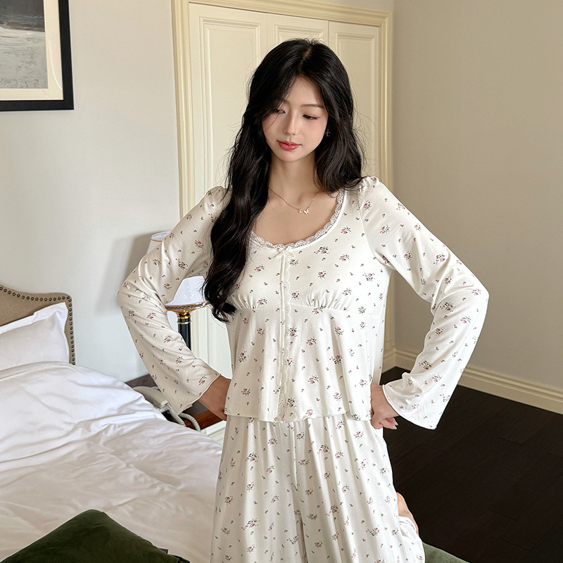法式新款睡衣女带胸垫莫代尔长袖公主甜美圆领蕾丝碎花仙女套装|undefined
