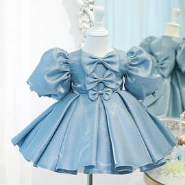 儿童礼服公主裙蓝色缎面泡泡袖蓬蓬裙2025新款女宝宝周岁礼服夏季