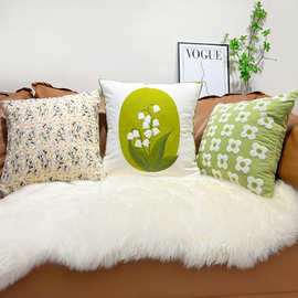 9ZRT 简约绿色抱枕铃兰花图案时尚方形靠垫客厅靠枕套飘窗垫
