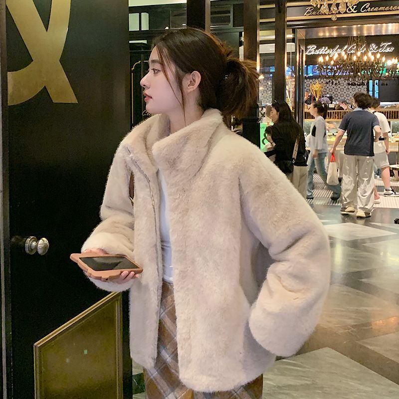 新款拉链仿水貂绒皮毛一体短款冬季立领小个子环保皮草毛毛外套女
