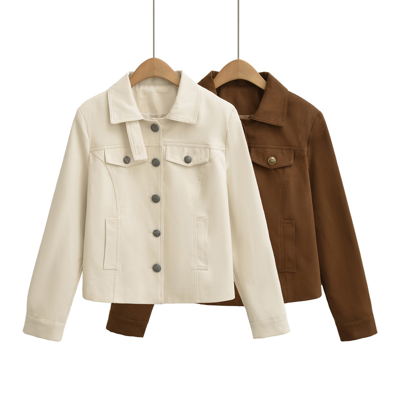 Cross-Border Women's Clothing Wholesale Modern Retro Lapel Waxed Craft Jacket Versatile Workwear Style Jacket