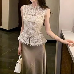 女款夏2025蕾丝镂空刺绣上衣含吊带外穿背心高级感缎面鱼尾裙套装