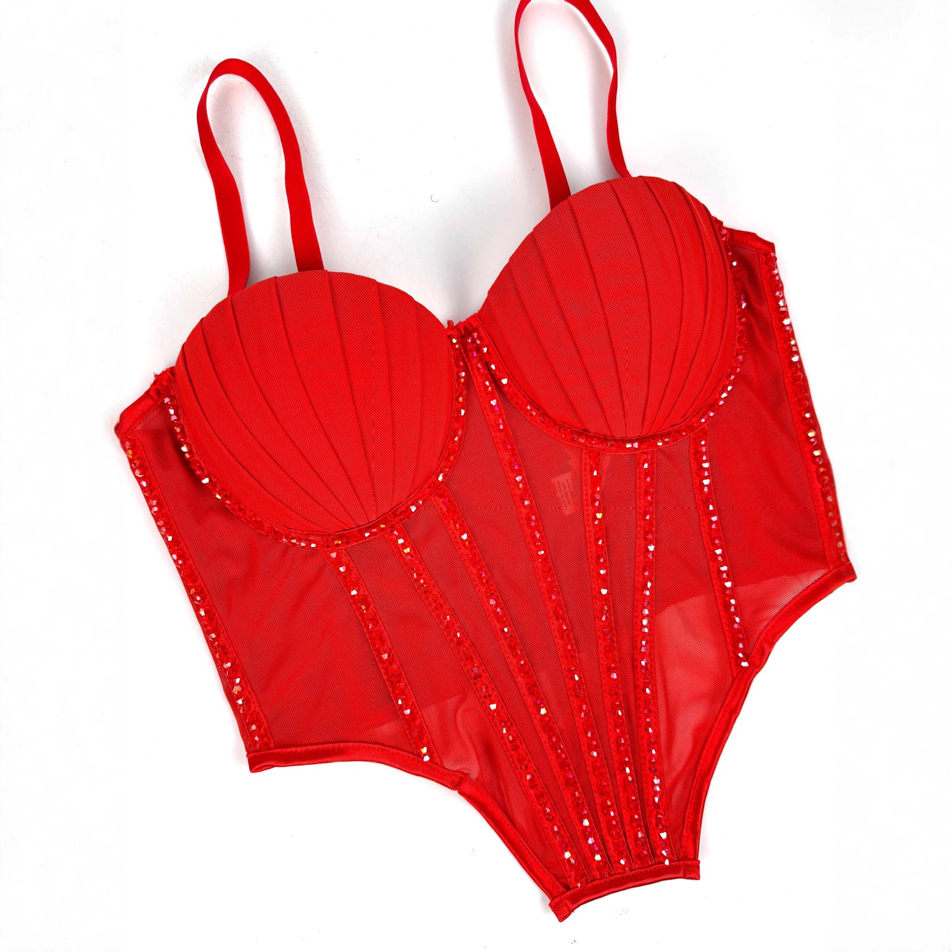 European And American Hot-Selling Sexy Mesh Camisole With Chest Pads, Weable Outside, Shiny Diamond Fishbone Shaping_voghion.com