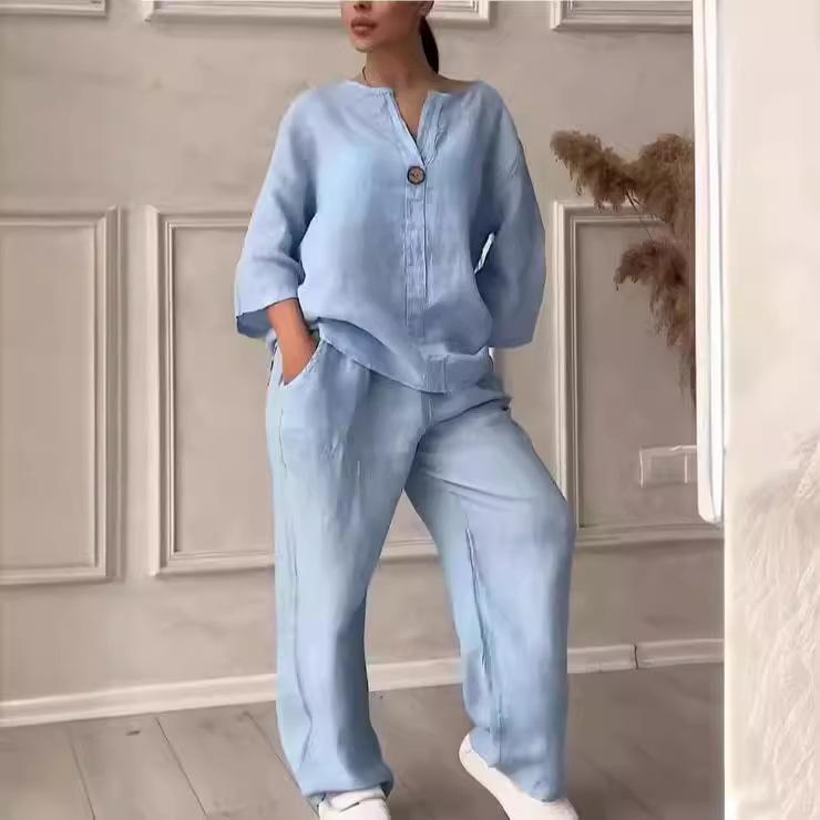 2025 European and American Cross-Border New Women's Fashion Solid Color Cotton and Linen Casual Sports Loose Two-Piece Set Plus Size Suit Trendy
