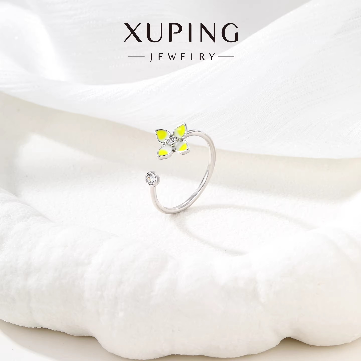 Xuping serie de goteo de moda simple flor abierta anillo de aleación de cobre chapado blanco temperamento dulce anillo al por mayor