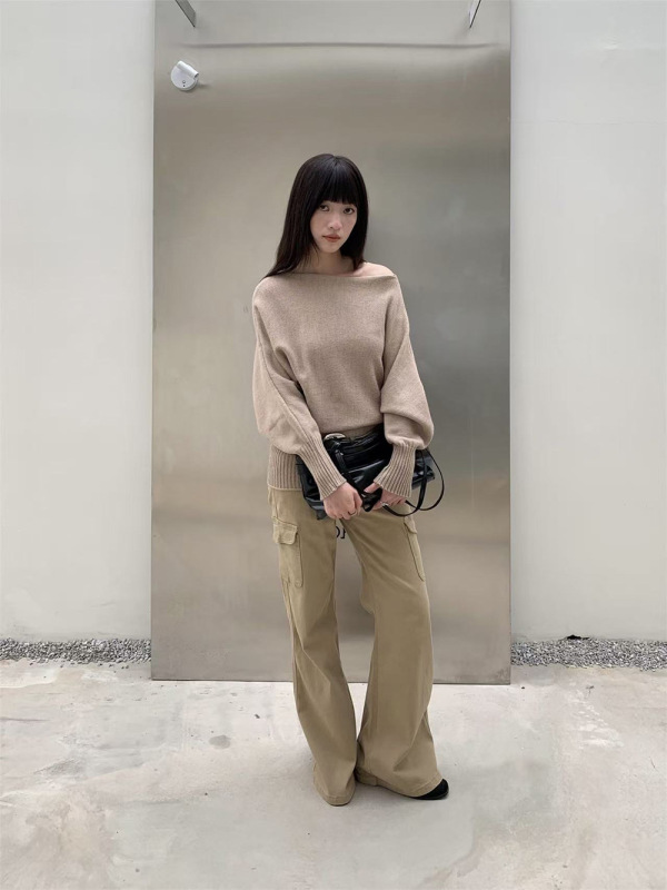 誉一新款2025秋季美式洋气斜肩针织衫女百搭慵懒风长袖毛衣女3771|undefined