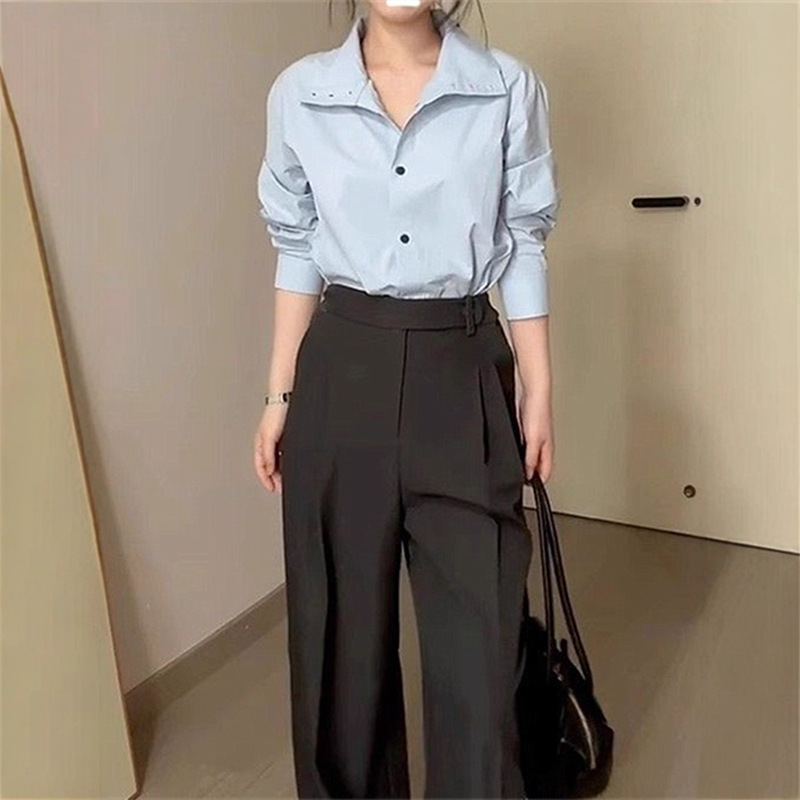 法式高级感蓝色立领衬衫女式早秋春季韩系宽松设计感别致长袖衬衣|undefined