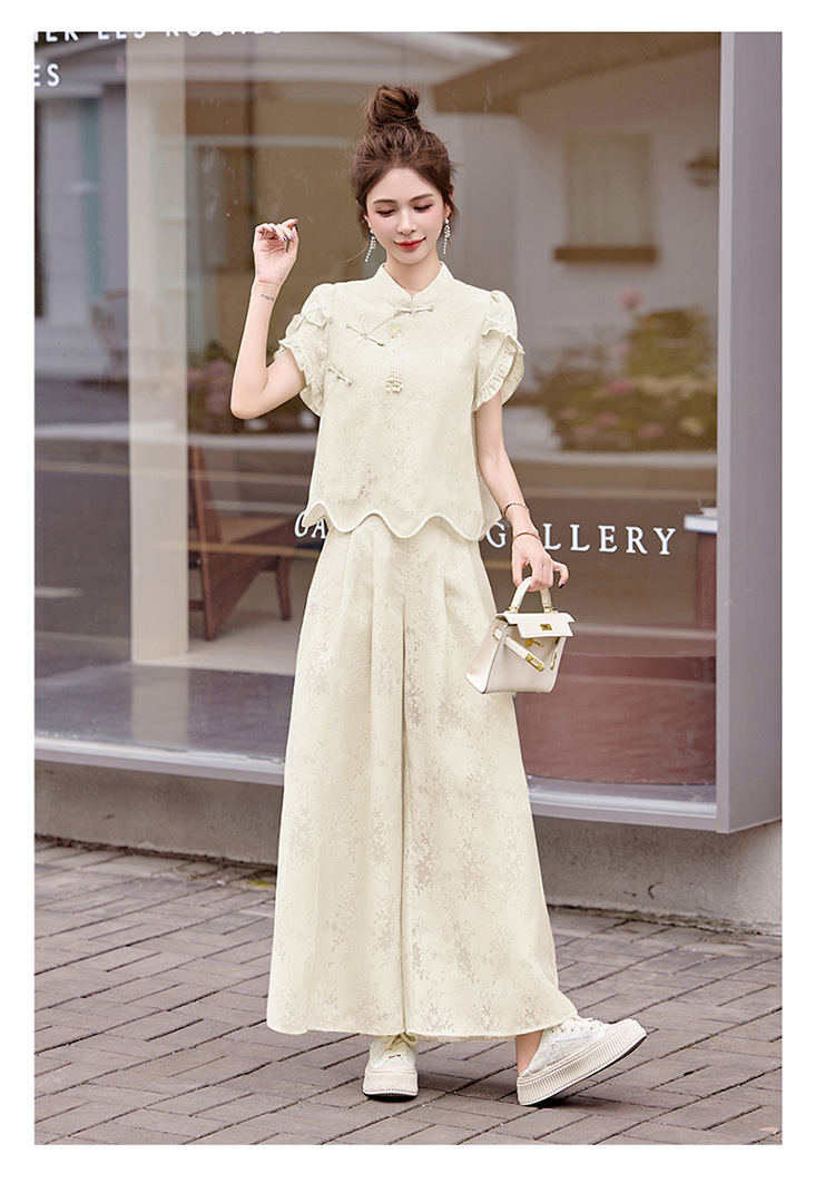 Bộ váy hai mảnh tay ngắn phong cách Trung Hoa cổ điển họa tiết jacquard mùa hè 2025 — Màu vàng be, Màu xanh lá chi tiết 29