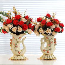 高级天鹅欧式台面花瓶陶瓷假花摆件仿真花餐桌新款客厅摆件装饰品