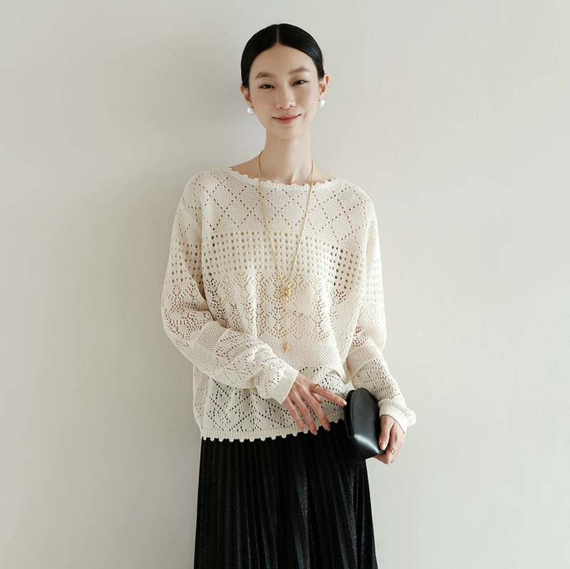 2026 Summer New Style Cotton-Feel Lace Boat-Neck Hollow-Out Knitwear for Women, Lightweight Breathable Top