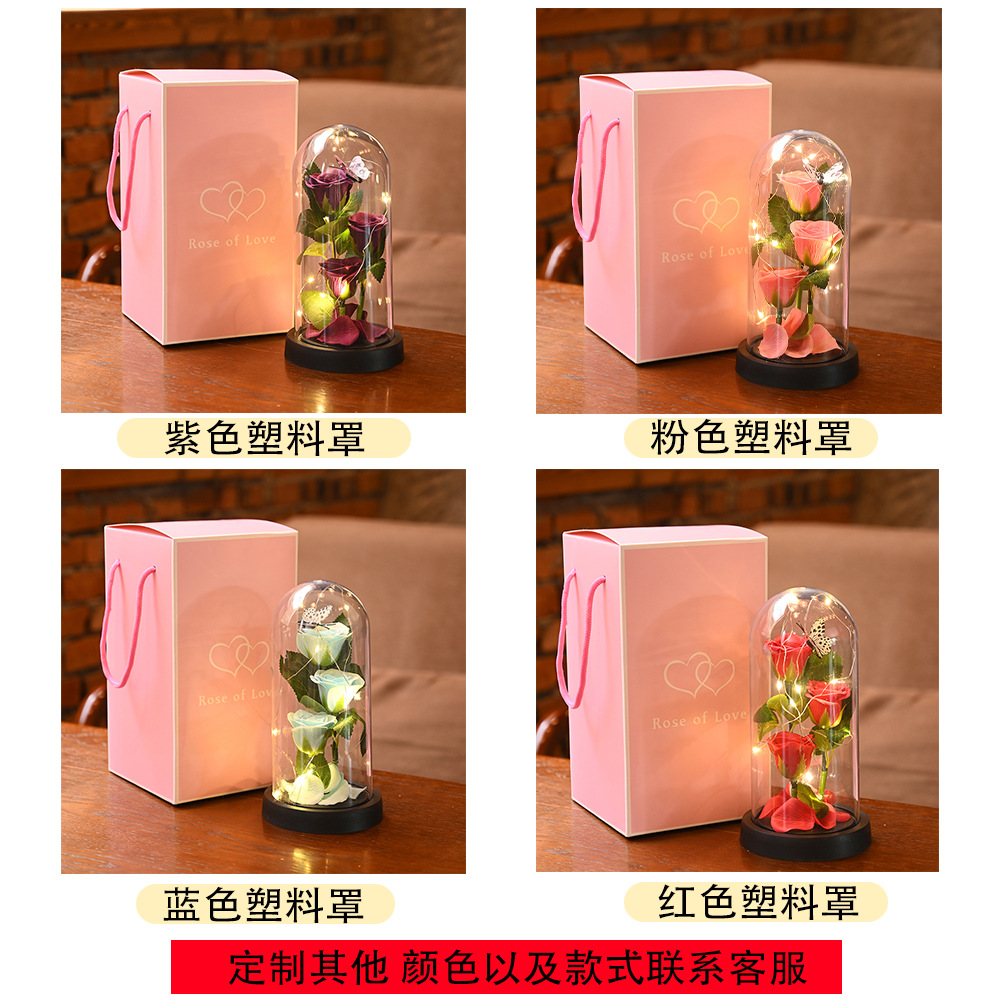 跨境玫瑰仿真花假花摆件玻璃罩七夕情人节小夜灯摆件小礼品批发