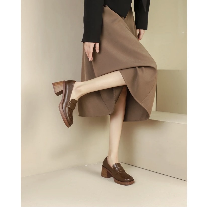 Pantofi sport Lefu cu toc gros din piele naturală, cu gura adâncă, pentru femei, cu cap pătrat, maro, impermeabili_voghion.com