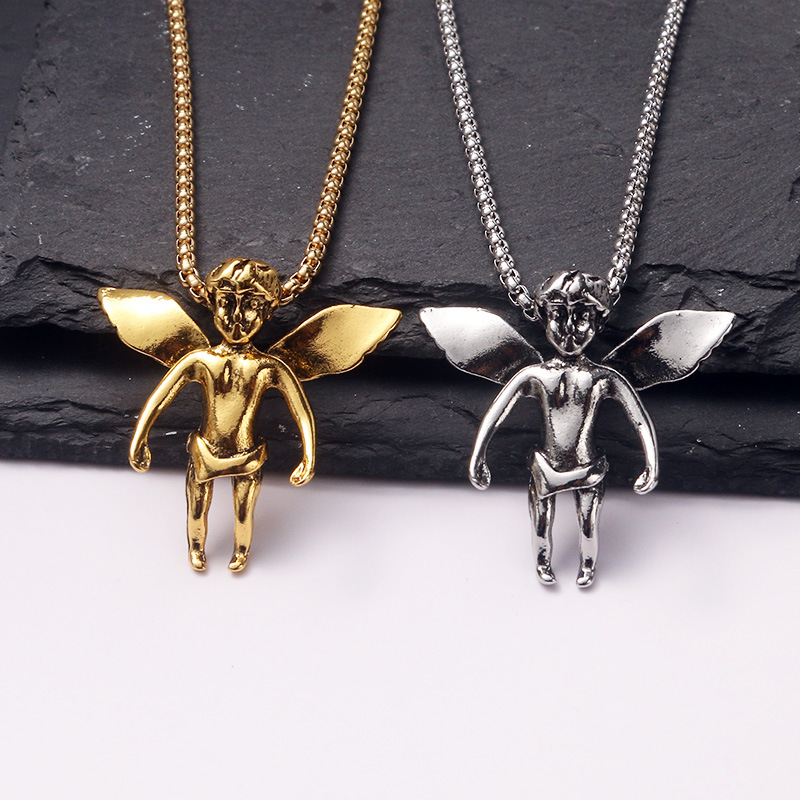 Vintage roestvrijstalen ketting groothandel hiphop engelenvleugels legering hanger trui ketting_voghion.com