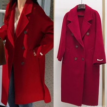 苏力羊驼绒中长款系带羊绒大衣女简约宽松2025欧美红色羊毛外套女