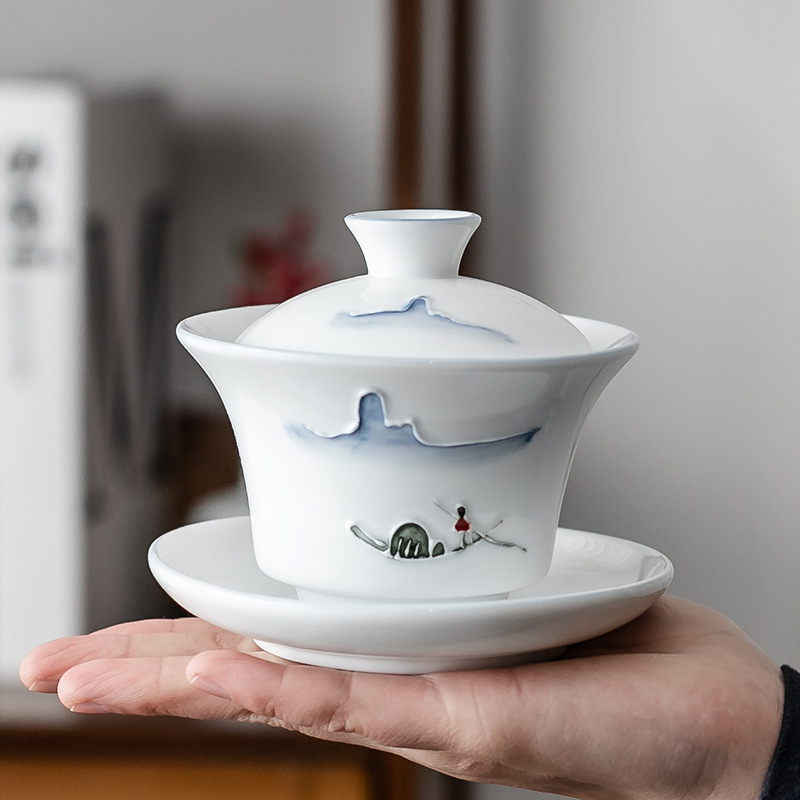 手绘德化白瓷三才盖碗浮雕陶瓷功夫茶具日式单品敬茶碗家用泡茶碗