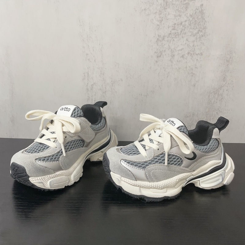 网面透气款三色前系带装饰韩范风跑步鞋2025年早秋款男女童运动鞋|undefined