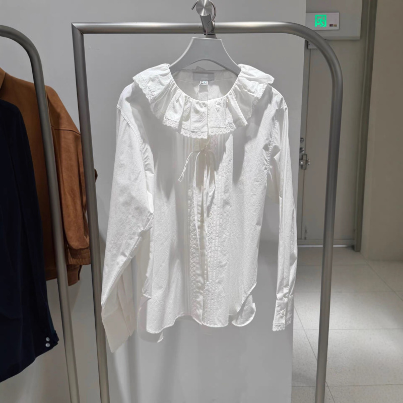 Spring New Women's Clothing Urban Lace Trim Pleated Tie-Front Shirt Sweet Style with Doll Collar White Spring New Women's Clothing Urban Lace Trim Pleated Tie-Front Shirt Sweet Style with Doll Collar White