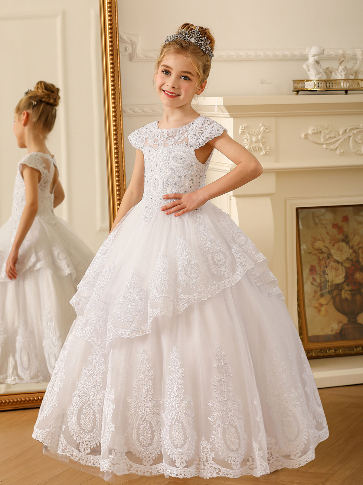 Europa transfronteriza comercio exterior vestido infantil floral vestido de novia niña encaje caliente correa de perforación espectáculo de desfile calzoncillos