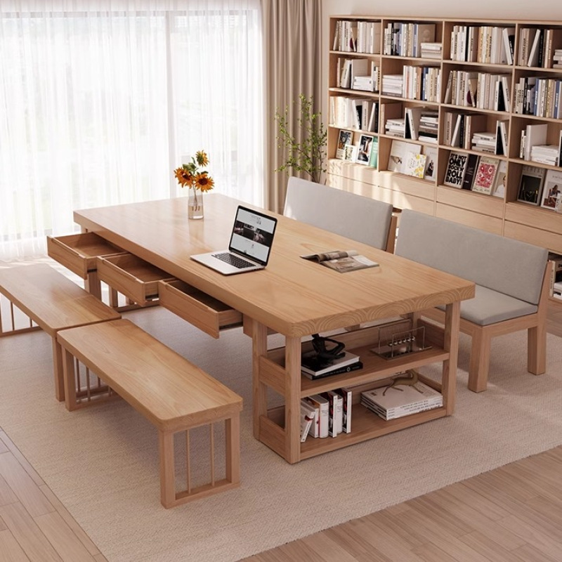 Solid Wood Large Desk with Drawers, Living Room Home Desk, Study Table, Multi-Functional Creative Calligraphy Table, Solid Wood Computer Desk
