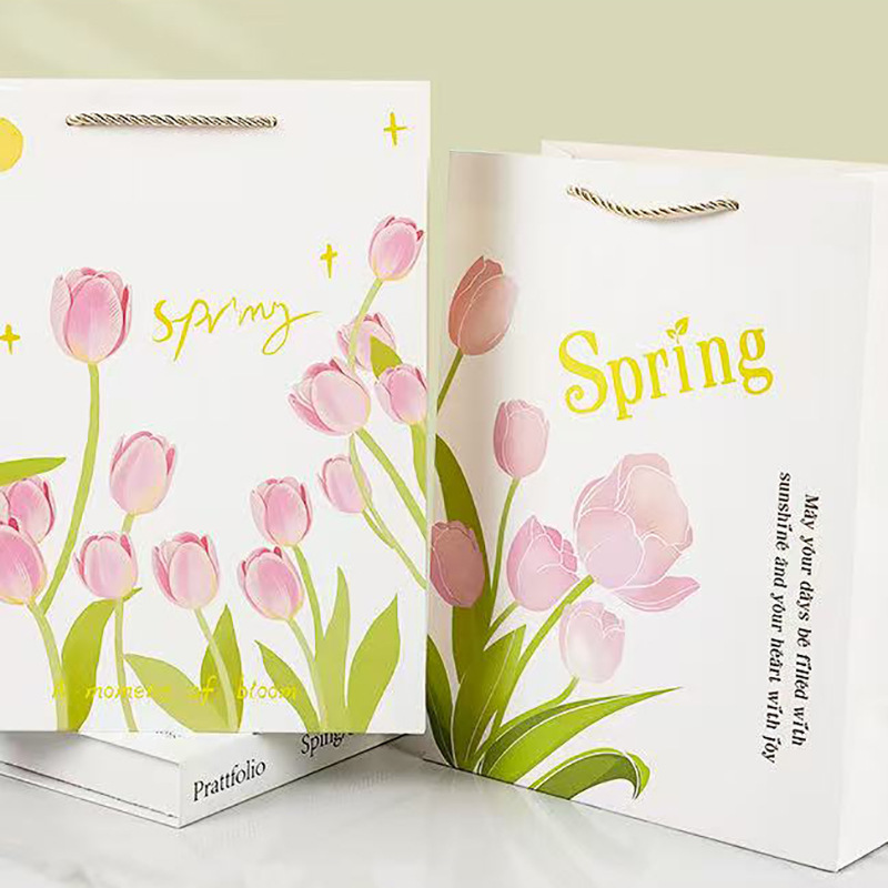 竖版白底粉色郁金香礼品袋  文艺小清新创意礼物袋手提礼品袋