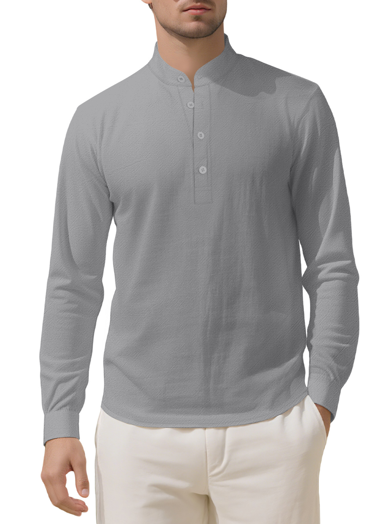 Nuevo comercio exterior de Amazon AliExpress ropa de hombre suelta lino sólido de manga larga camisa de cuello de hombre camisa casual