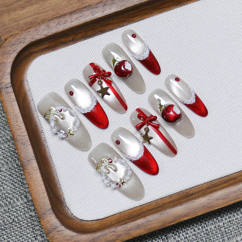 Christmas Wreath Ancora Red Cat Eye Bow French High-End Handmade Wearable Nails Apple Fake Nails
