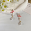Cute long silver needle, fuchsia earrings from pearl with bow, silver 925 sample, flowered
