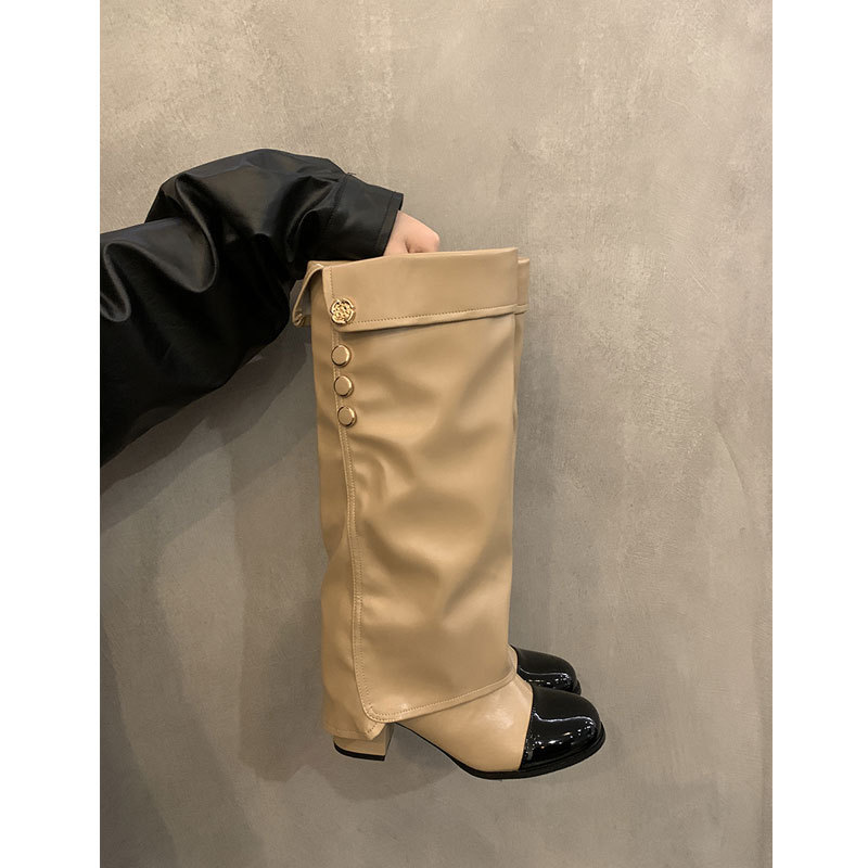 高跟小香风圆头拼色骑士高筒靴女2025新款气质粗跟不过膝裤管长靴