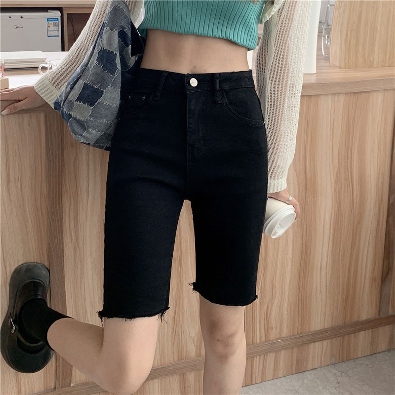 Five-point Denim Shorts Women's Thin High-waisted Summer Black Slim-fit Straight Stretch Mid-length Pants Off-wear Cyber Celebrant Riding Pants