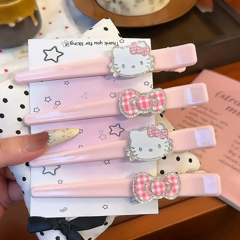 Pink Plaid Cute Hellokitty Hairpin Female Bow Girl Heart Bangs One-Word Clip Duckbill Clip Headdress