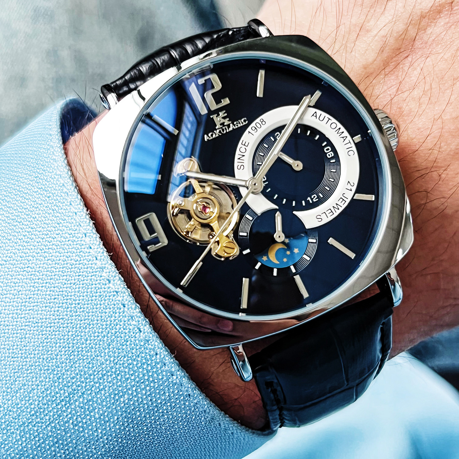 Men's Automatic Mechanical Watch Stylish Square Casual Wristwatch_voghion.com