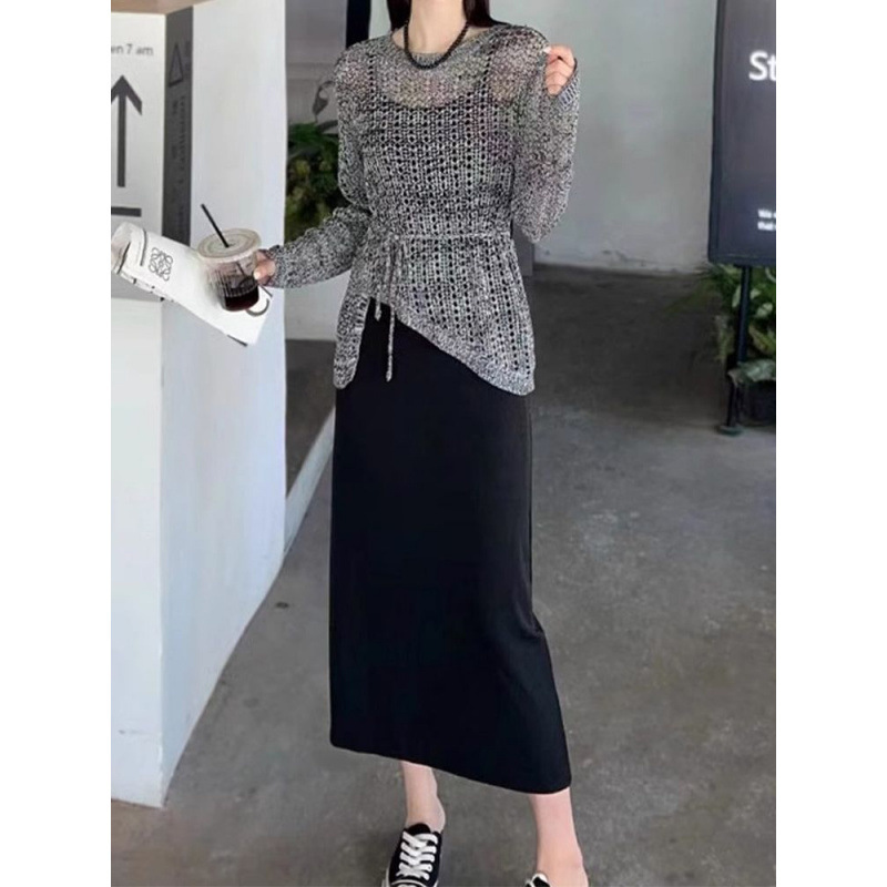 长袖时尚套装裙女年春秋季新款慵懒风镂空针织衫吊带裙两件套|undefined